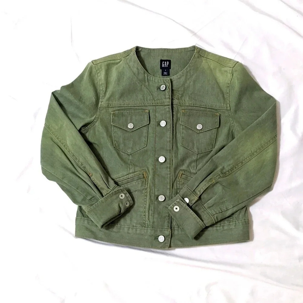 GAP Mock Neck Button Up Denim Jacket, Color Sage Green Size S